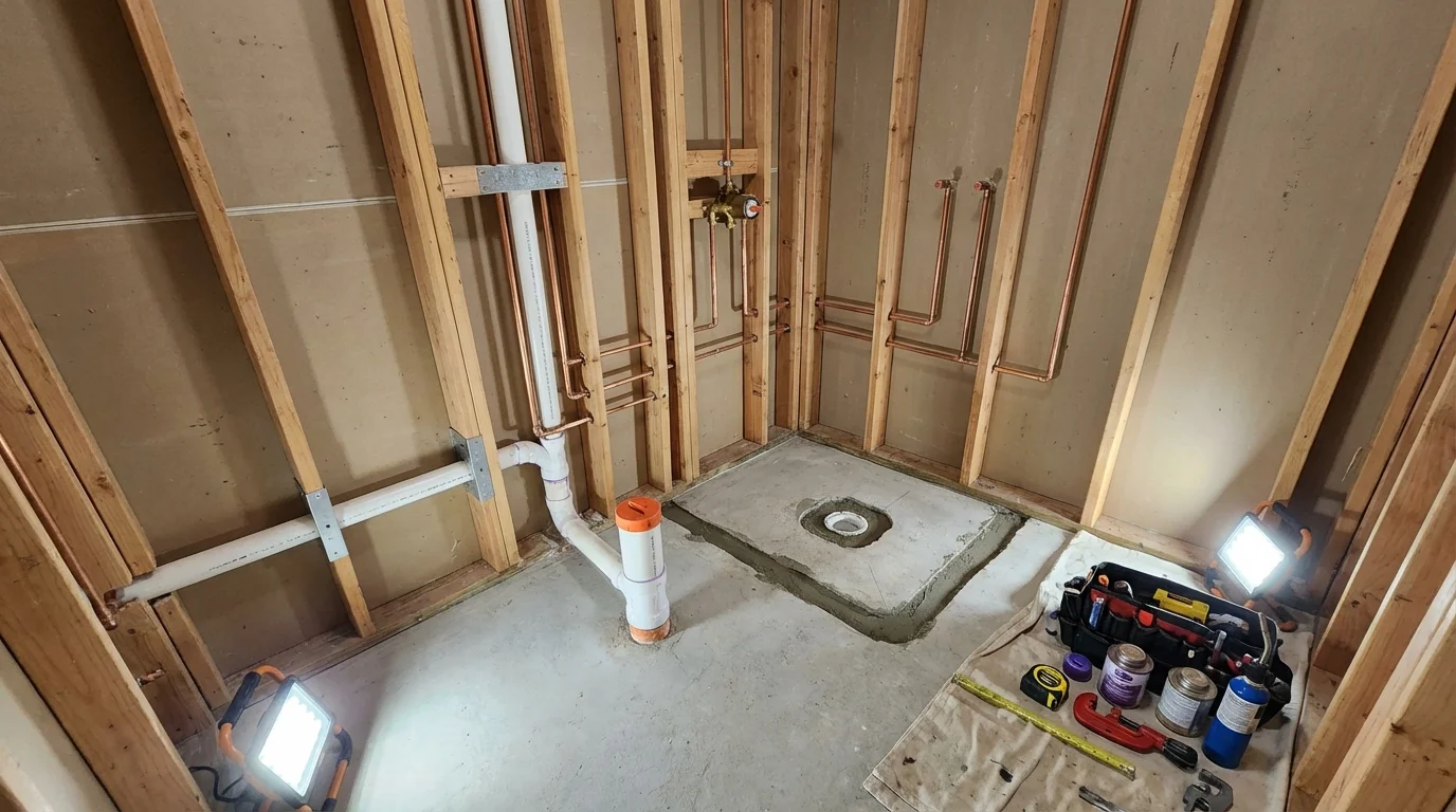 Bathroom rough-in plumbing during remodel by Johns Plumbing LLC in Mount Carroll