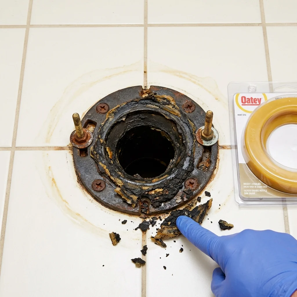 Failed wax ring showing water seepage at the base of a toilet in a Mount Carroll, IL home
