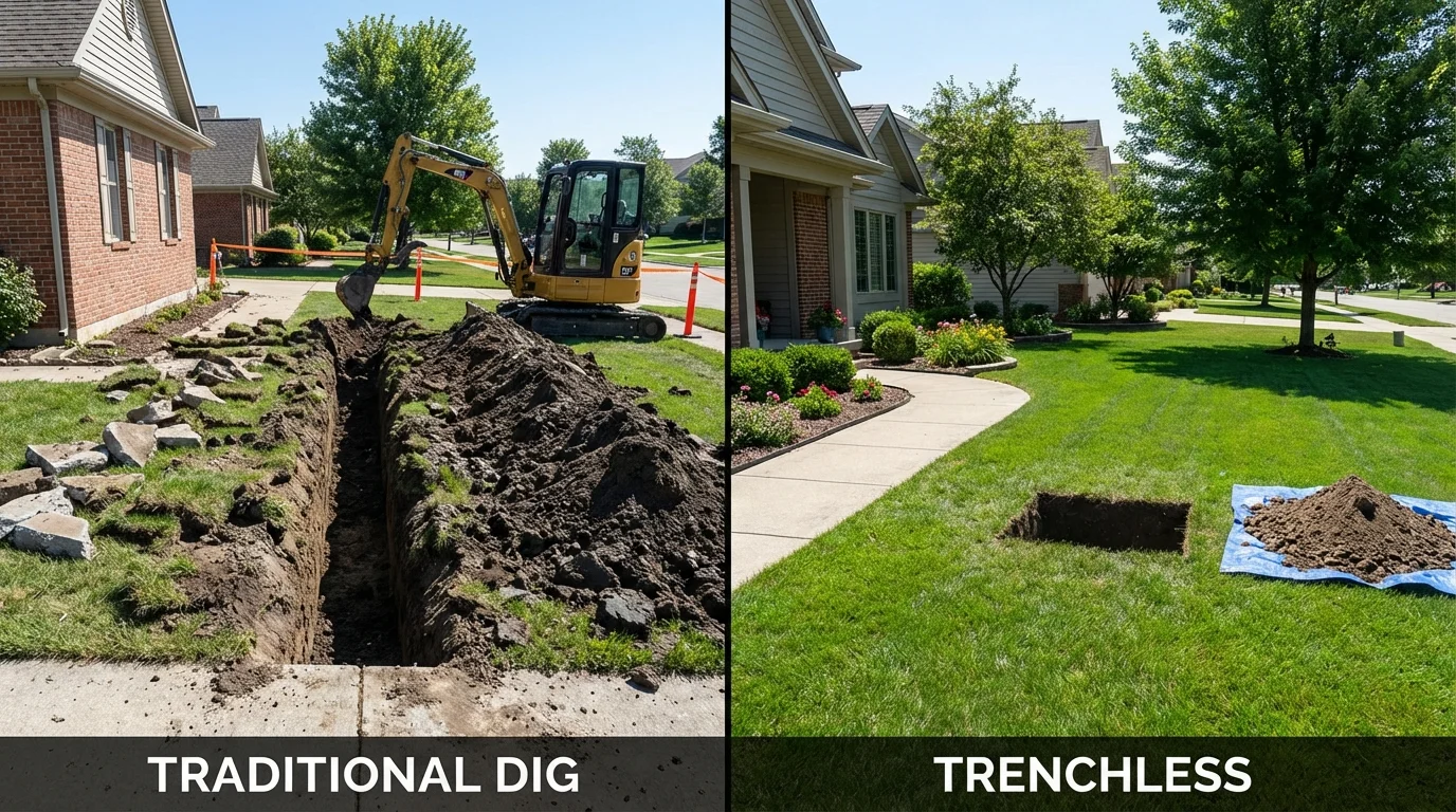Trenchless sewer repair with minimal yard damage versus traditional excavation in Mount Carroll, IL