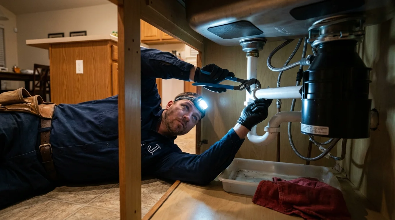 P-trap and supply line connections under a kitchen sink showing a common leak point in Mount Carroll, IL